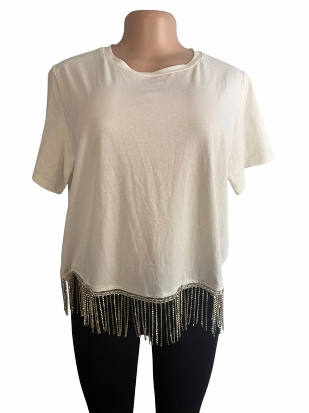 Joie Crystal Fringe Hem White Short Sleeve Top